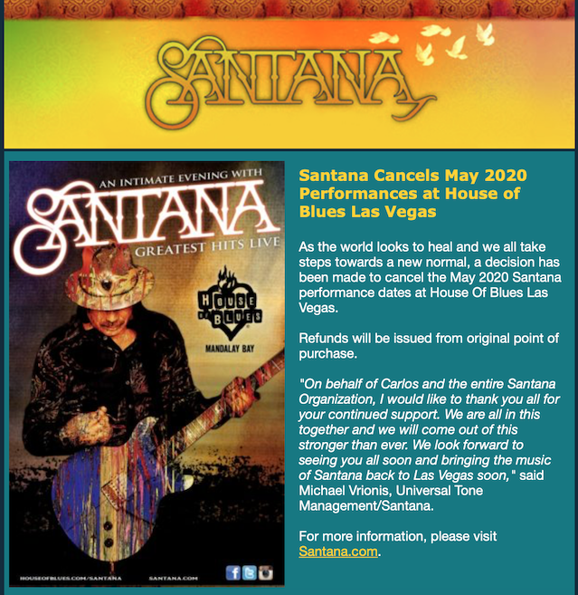 Santana Cancels May 2020 Performances at House of Blues Las Vegas